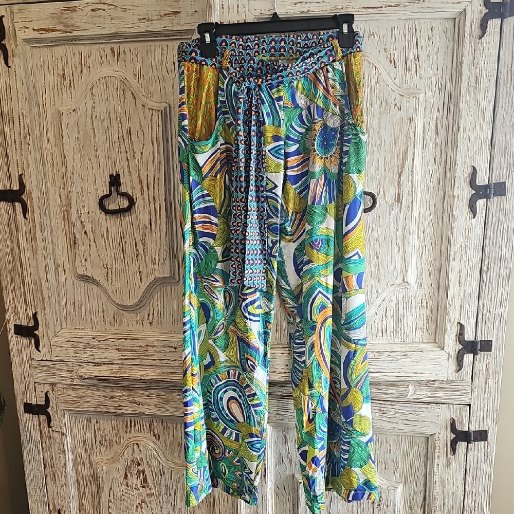 Trina Turk Green Multi Wide-Leg Pull-On Pants - Size S
